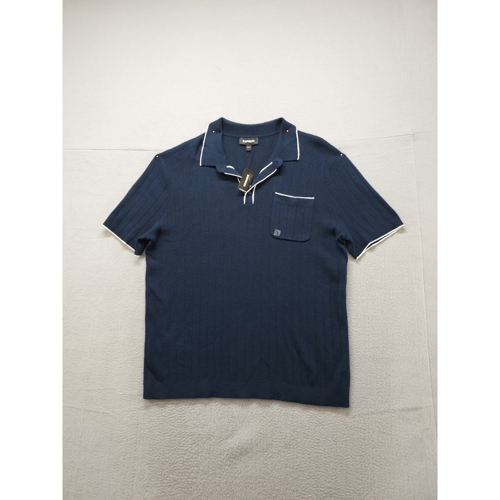 Express Men Polo Shirt L Navy 100% Cotton Short Sleeve Chest Pocket Collared